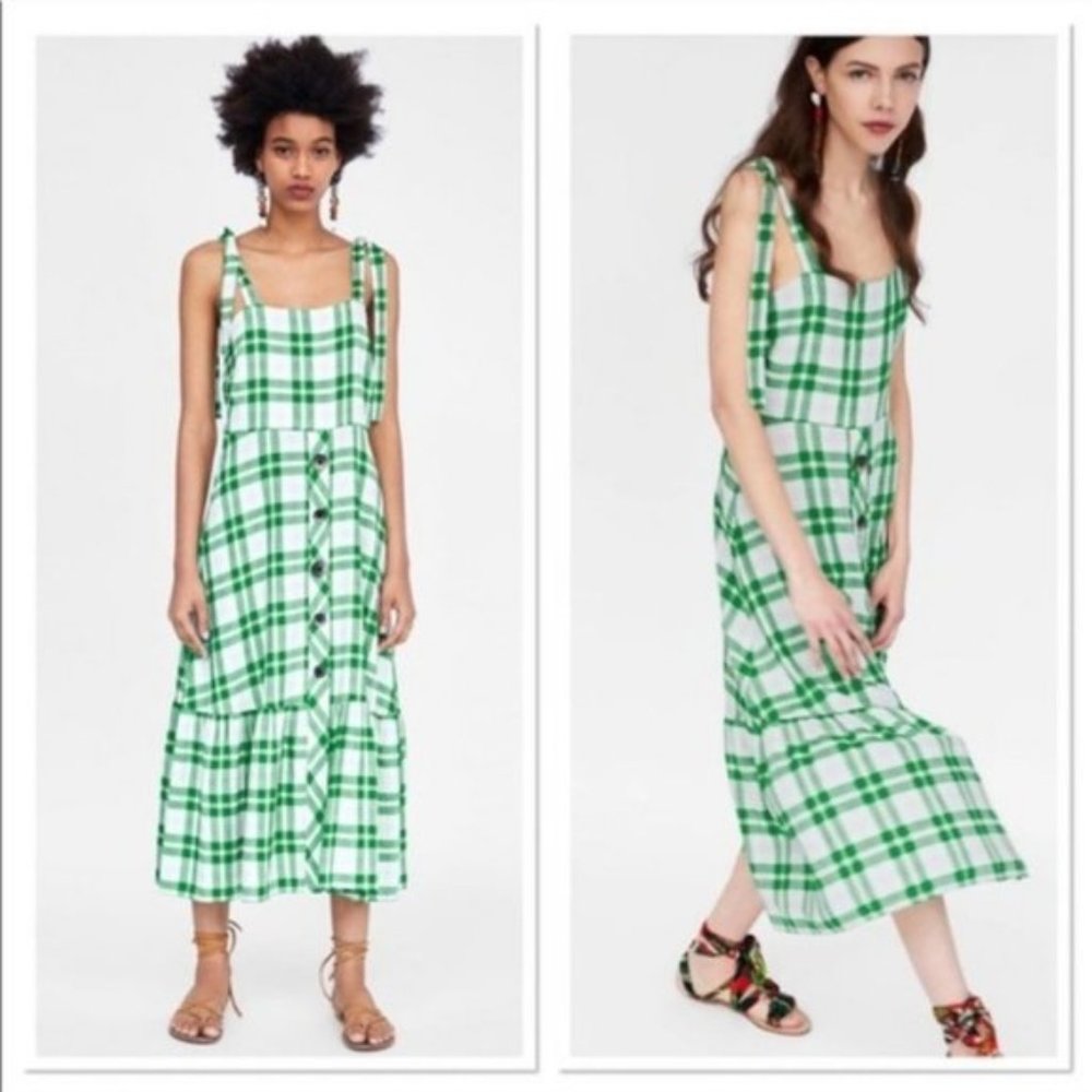 Zara Green Checkered Tie Shoulder Midi Dress